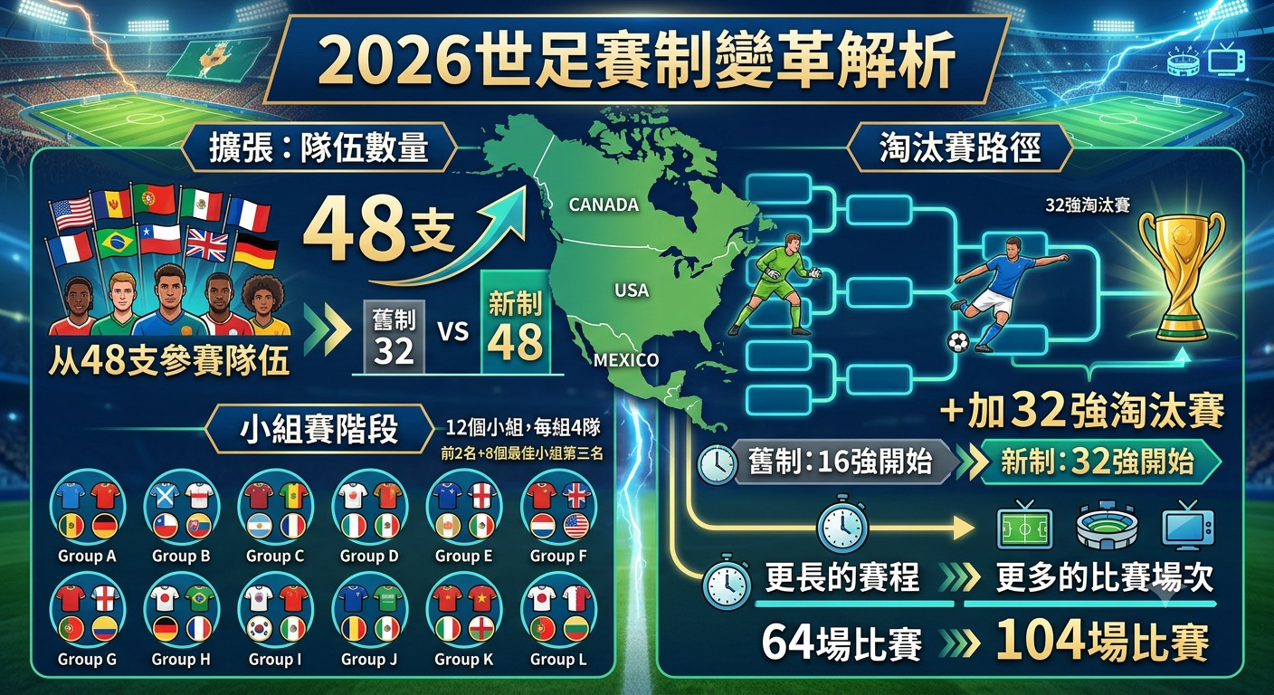  這是一張關於2026年世界盃賽制變革的資訊圖表，清楚展示了參賽隊伍擴增至48隊後的全新分組與淘汰賽路徑。 圖中詳細對比了新舊賽制的場次變化，並以視覺化方式呈現了小組賽階段及擴大後的淘汰賽賽程結構。