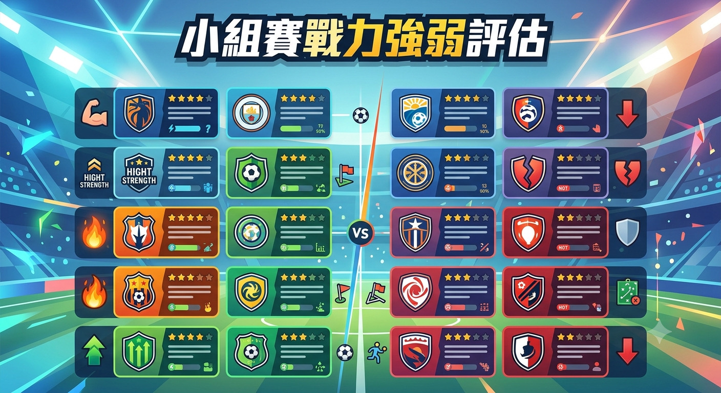 這是一張以足球比賽為主題的戰力評估圖，畫面中央顯示「小組賽戰力強弱評估」標題。 兩側列出了多個隊伍的圖示與數據星級，並搭配競技場背景營造出專業的賽事分析氛圍。