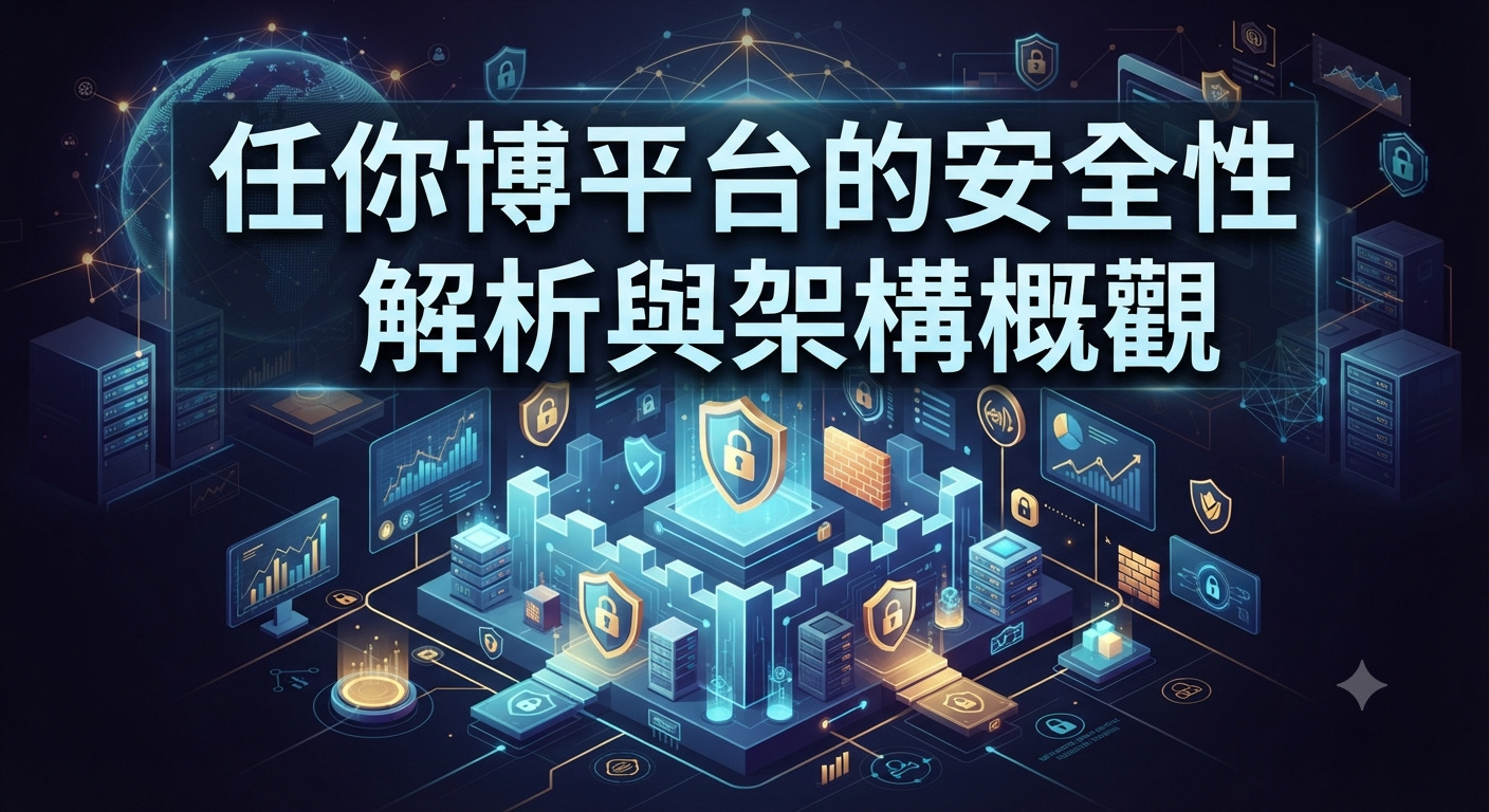 這是一張以「任你博平台的安全性解析與架構概觀」為主題的科技感圖片。 畫面中心融合了伺服器、防火牆與防護盾牌,完美呈現資訊安全與系統架構的概念。