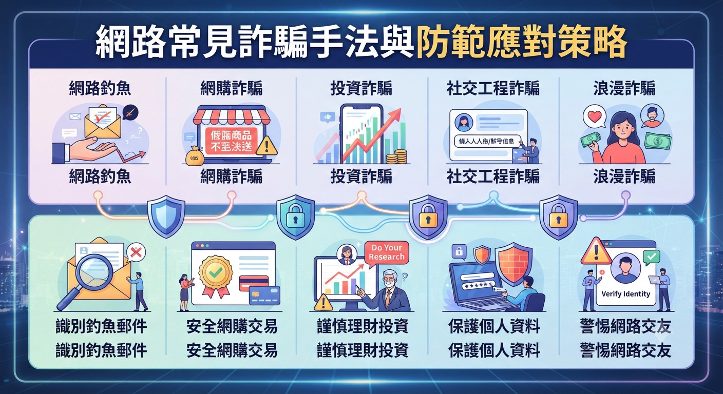 圖片展示了網路常見詐騙手法與防範應對策略的資訊圖表。 上方列出各種詐騙類型,下方則對應提供相應的安全防範與應對措施。